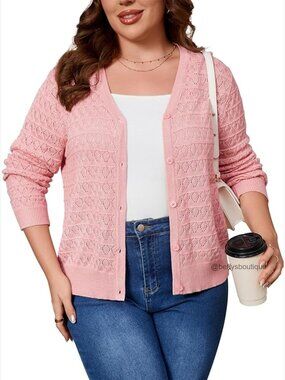 Plus Size Crochet Cardigan Lightweight Open Front Knit Sweater Long Sleeve